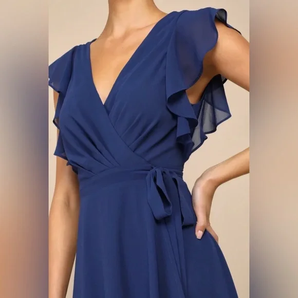 Lulu’s Ravishing Charm Dark Blue Ruffled Wrap High-Low Maxi Dress - Picture 3 of 15